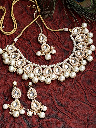 Karatcart Gold Plated Pearl and Drop Kundan Studded Choker Necklace Setfor Women - Image 5