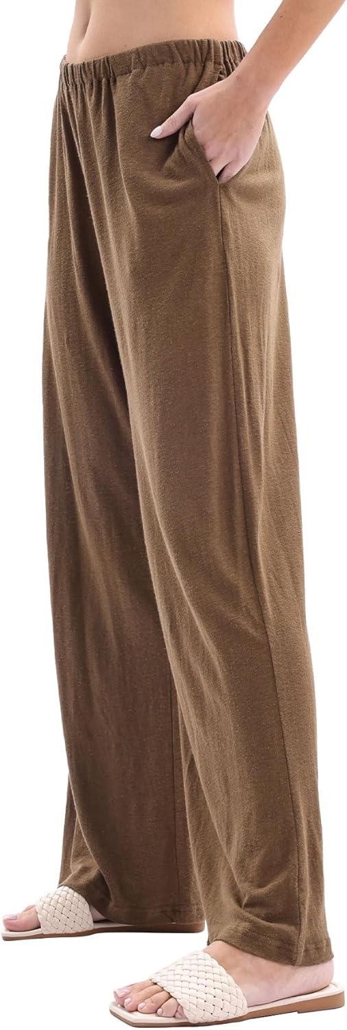 Amazhiyu Womens Linen Knit High Waist Elastic Wide Leg Lounge Pants with Pockets - Image 2