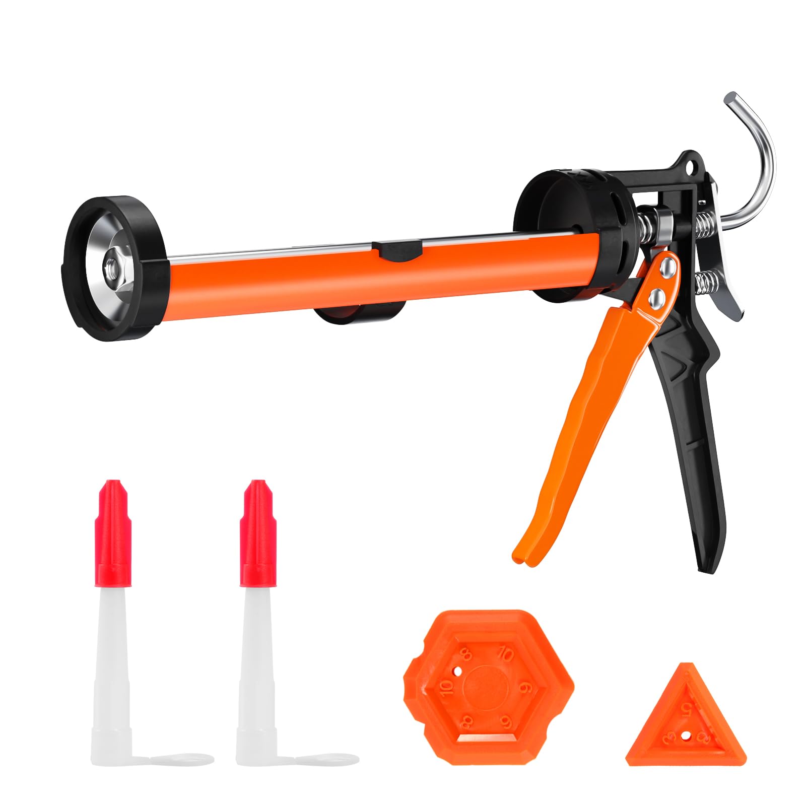 Holothurian Caulking Gun, No-Drip Hand Caulk gun, Silicone Gun with Comfort Grip, 1/10 Gallon Cartridge, 12:1 Thrust Ratio, and Two Nozzles and