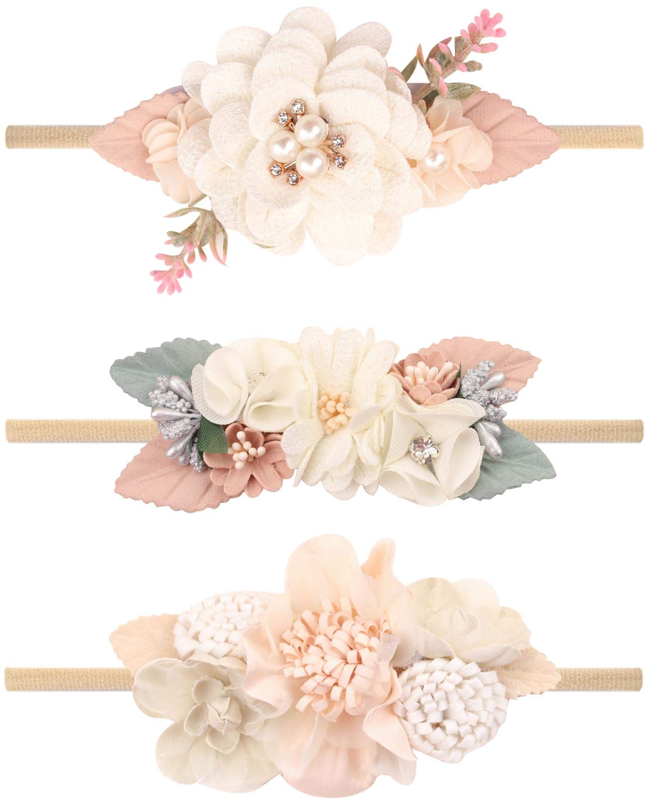 VOBOBE Baby Girl Nylon Headbands Infant Flower Elastic Hair Band Bows Wraps For Newborn Toddler Hair Accessories Pack of 3 (C-Beige)