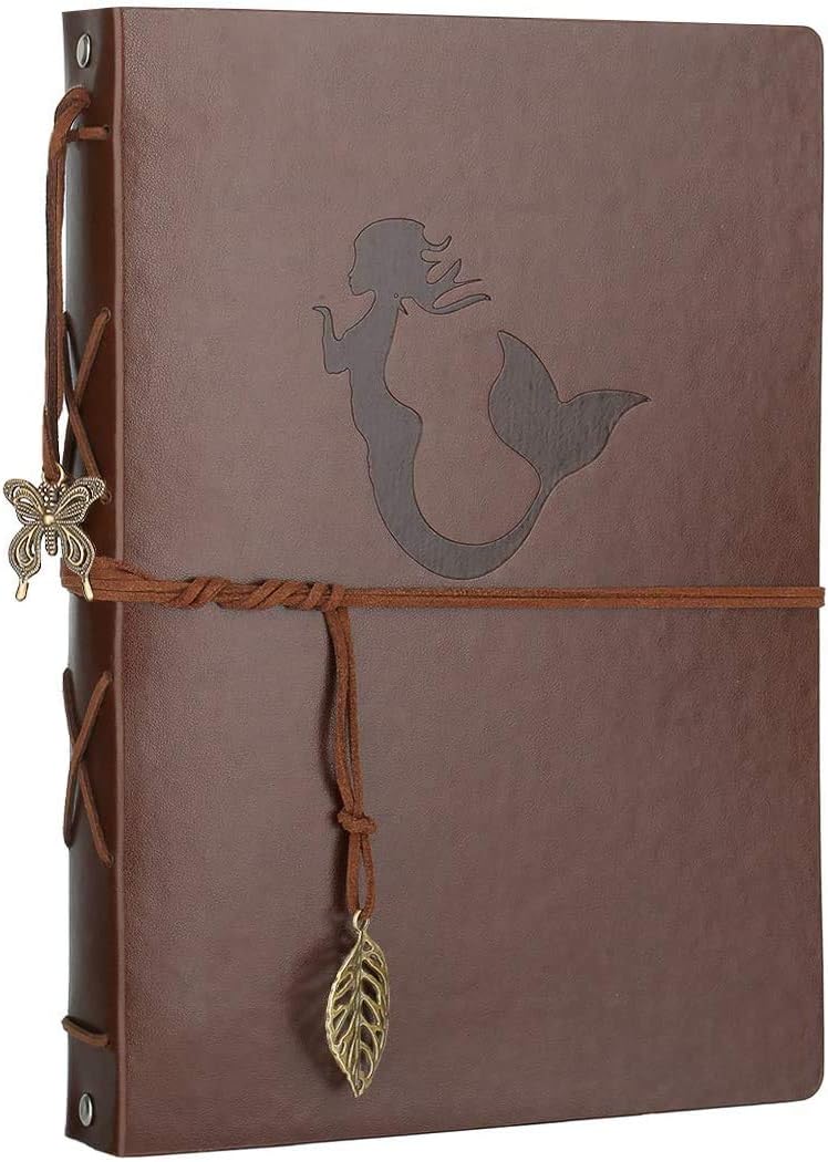 Scrapbook Photo Album, AIOR Memory Book DIY Scrapbook 60 Black Pages Refillable, Vintage Leather Album Scrap Book, Travel Vacation Gifts Birthday Presents for Women Girls Kids (Mermaid)