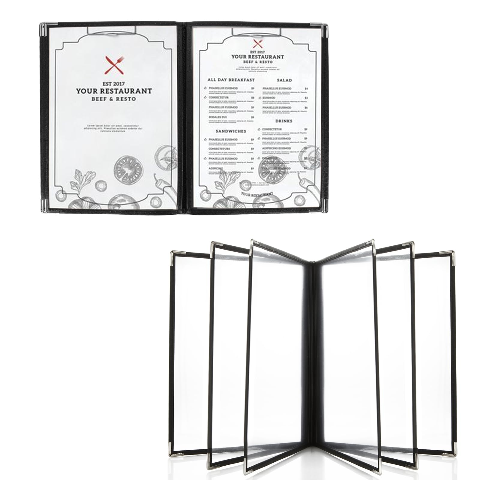 WOPPLXY 2 Pack Menu Covers, 8.5" x 11" Transparent Menu Covers, 6 Page 12 View Restaurant Menu Covers Menu Books Holder Fits A4 Size Paper, Menu