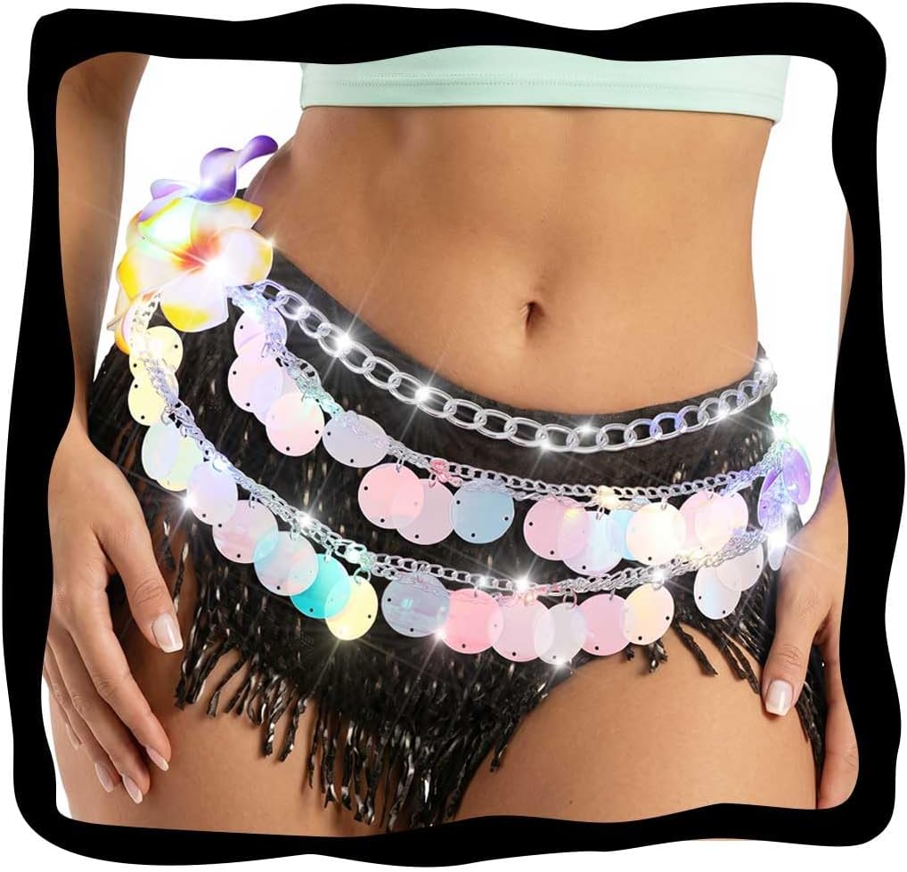 Light up Sequin Waist Belt Chain Silver Fashion Rave Body Accessories for Women