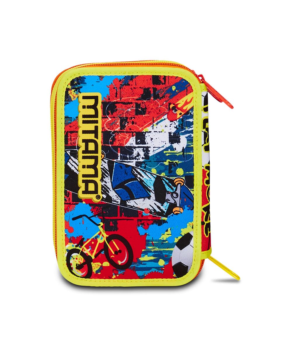Mitama Astuccio Scuola 3 Scomparti, TRIPLO URBAN GAME, Contenuto 47 pz, Completo di Matite, Pennarelli, Portapenne Scuola Elementare Bambino