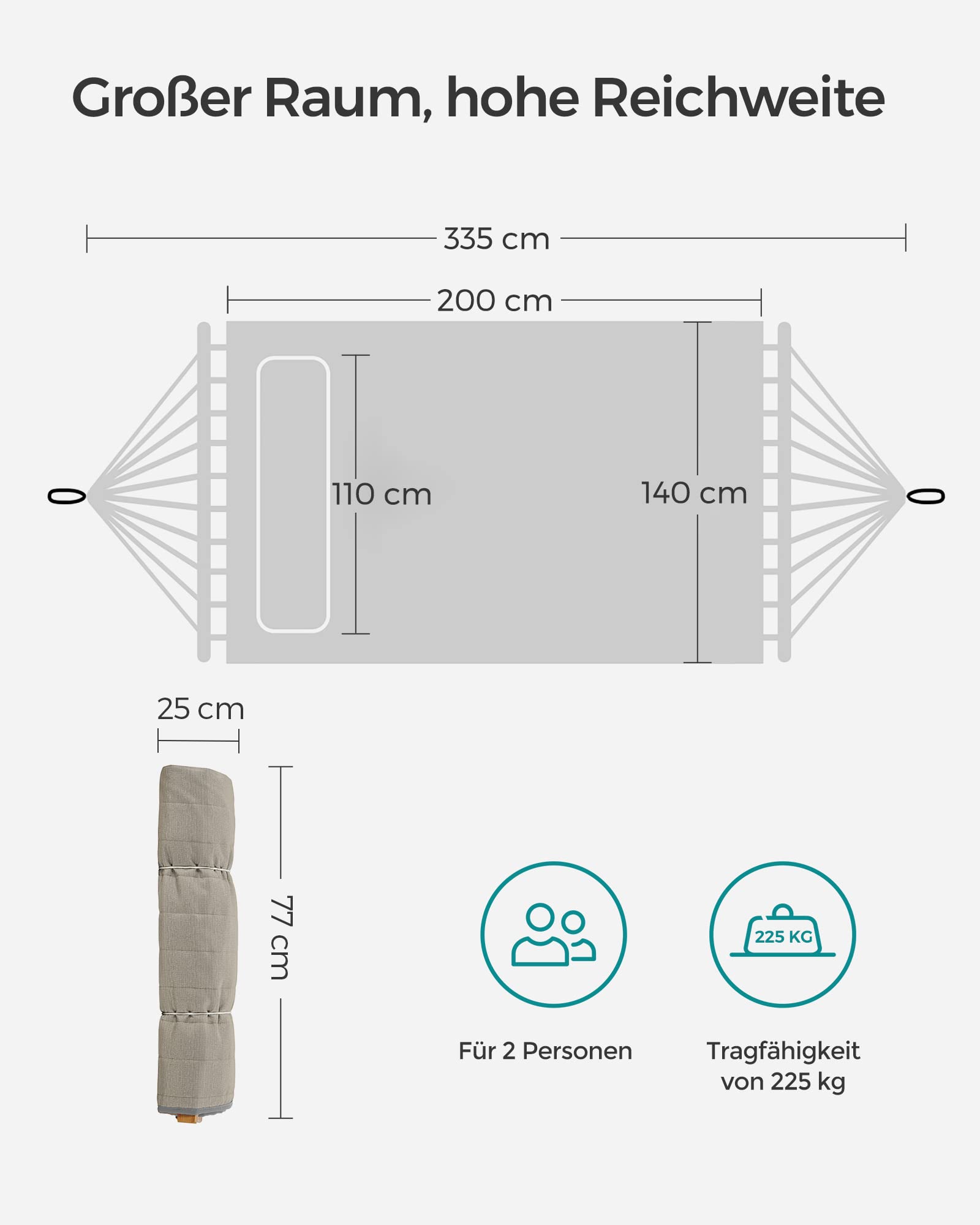 SONGMICS Hängematte für 2 Personen, gepolstert, Outdoor Hängematte mit trennbaren Bambusstangen, Camping-Hängematte mit Kissen, 200 x 140 cm, max. 225 kg belastbar, grau-beige GDC34CG