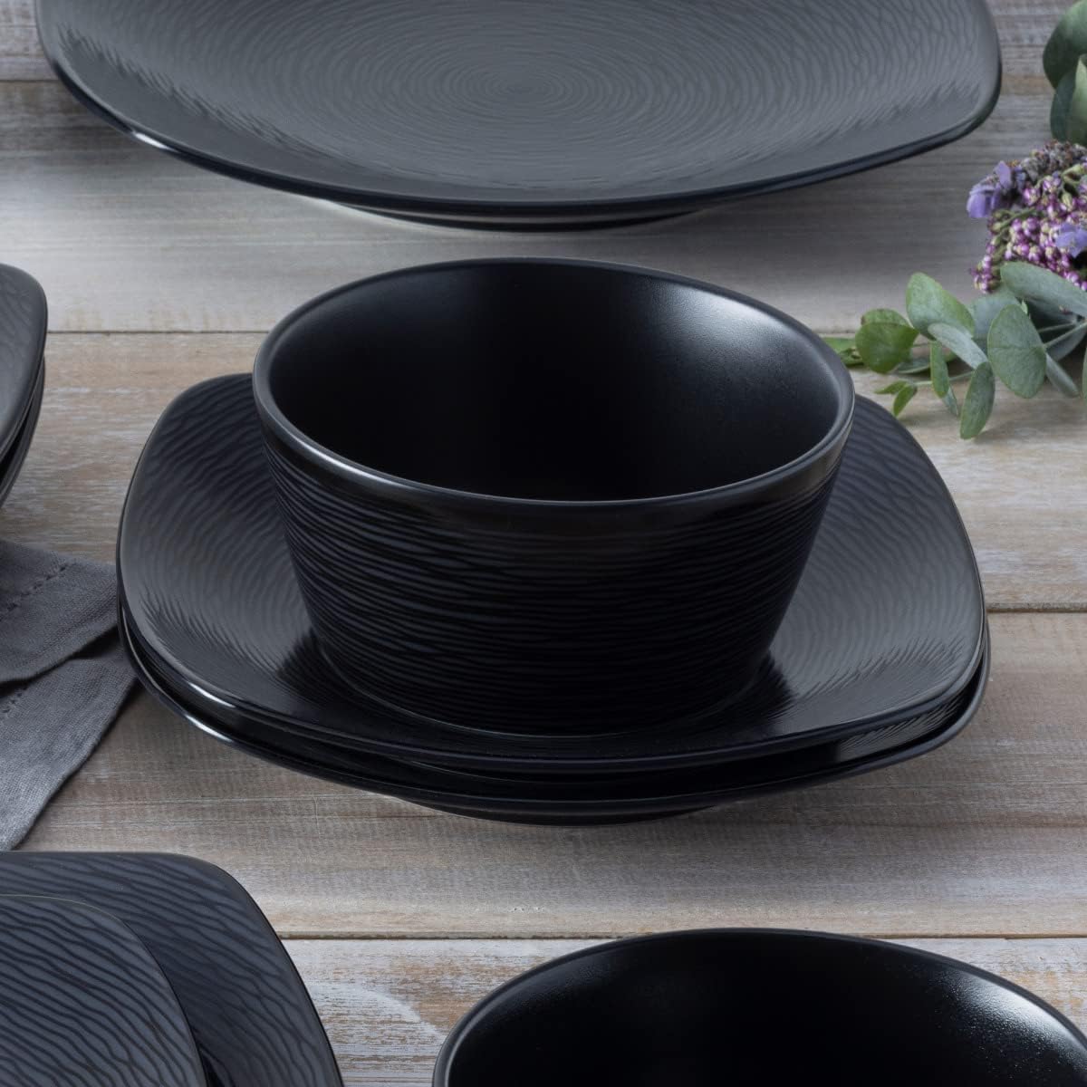 Noritake Colorscapes Black-on-Black Swirl 12-Piece Square Dinnerware Set, Service for 4