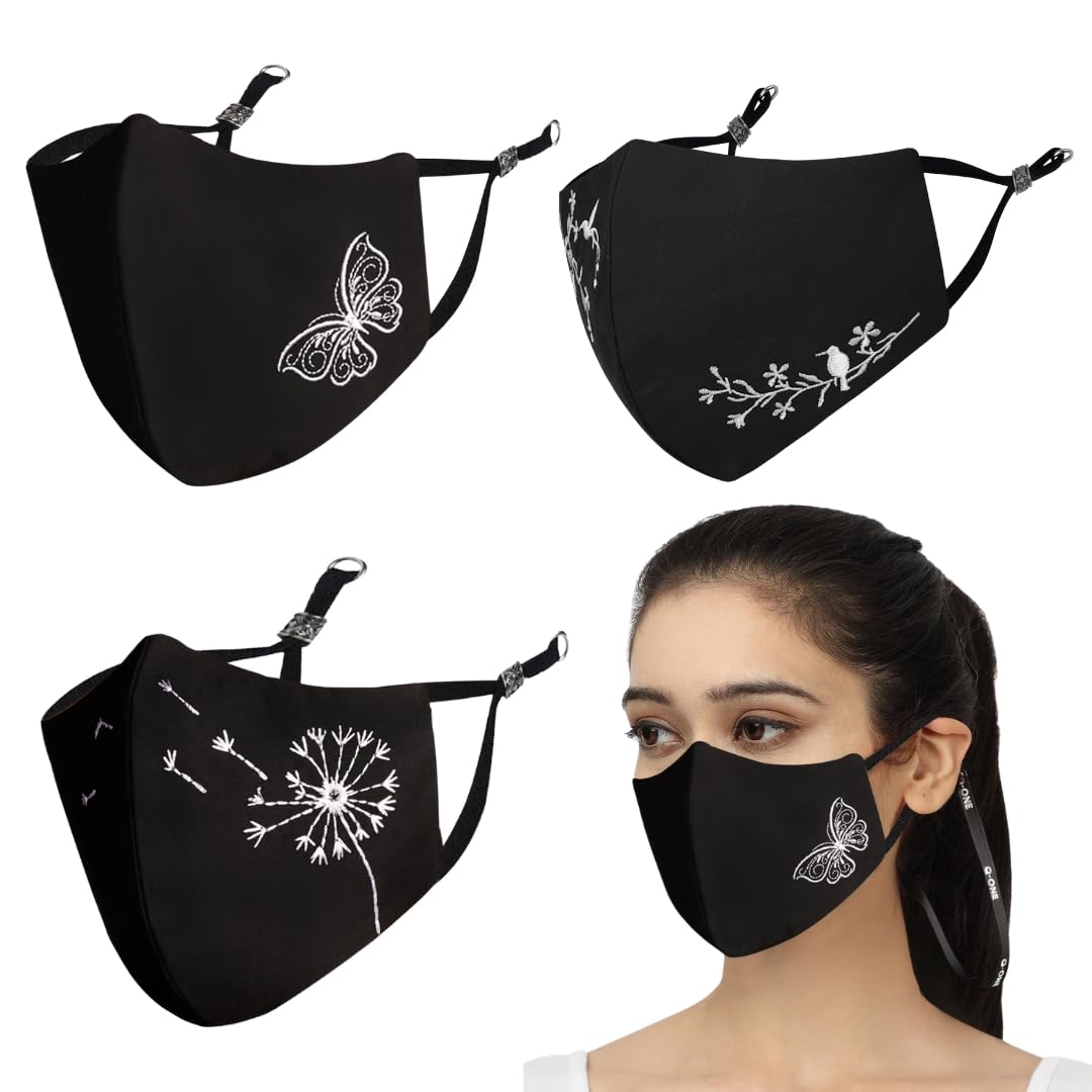 MASQ By Q-One 4 Layer Washable, Reusable, Size Adjustable, Anti-Bacterial (BFE>99%) Embroidered Cotton Cloth Face Mask Combo for Women, Girls ​each with Lanyard & Ear Loops (Black, Pack of 3)