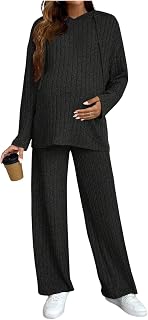 MakeMeChic Maternity Ribbed Knit 2-Piece Set: Hoodie & Wide Leg Pants