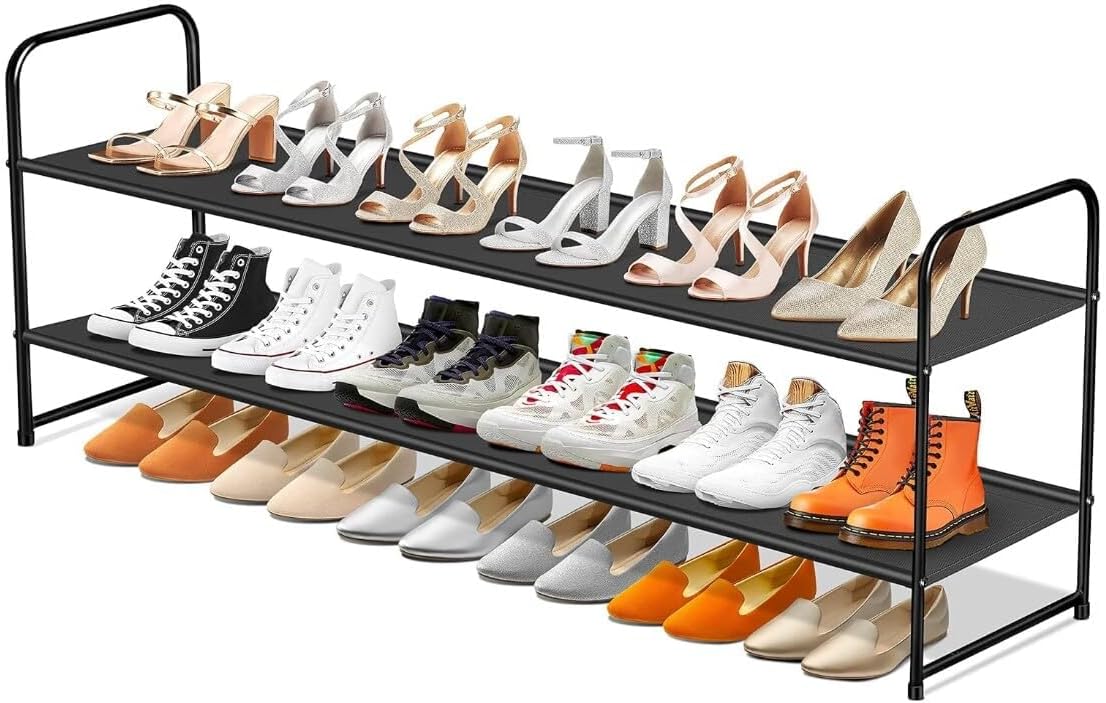 SLEEPING LAMB Long 2-Tier Shoe Organizer for Closet, Stackable Wide Shoe Rack Holds 18-Pairs Low Shoe Shelf Storage for Bedroom, Floor, Entryway(Black)