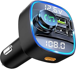 Jsdoin Car Bluetooth Transmitter, Bluetooth 5.0 FM Transmitter for Car, PD3.0 Type C 18W+QC3.0 Car Fast Charger with Dual USB Charging,Ambient Light,Hands Free Calling, Music Player Supports USB Disk