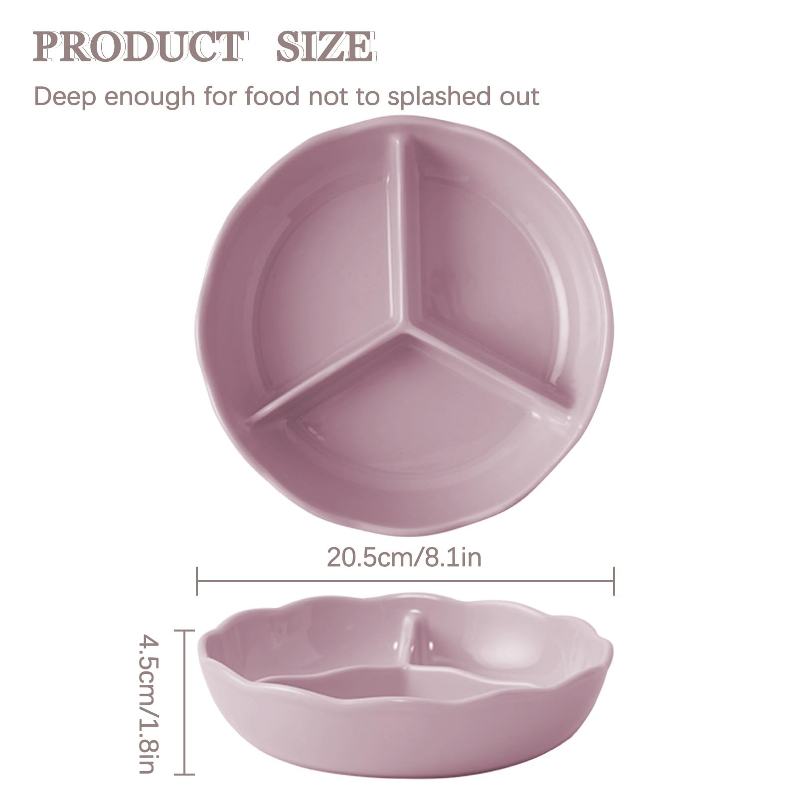 Assiette divisée en céramique réutilisable pour adultes – Plateau de service à 3 compartiments de 20,3 cm, passe au micro-ondes et au lave-vaisselle (violet)
