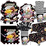 Xigejob Casino Theme Party Decorations Tableware - Las Vegas Birthday Party Supplies, Plates, Cups, Napkins, Tablecloth, Cutlery, Straws, For Casino Night Poker Party Decorations Dinnerware | Serve 24