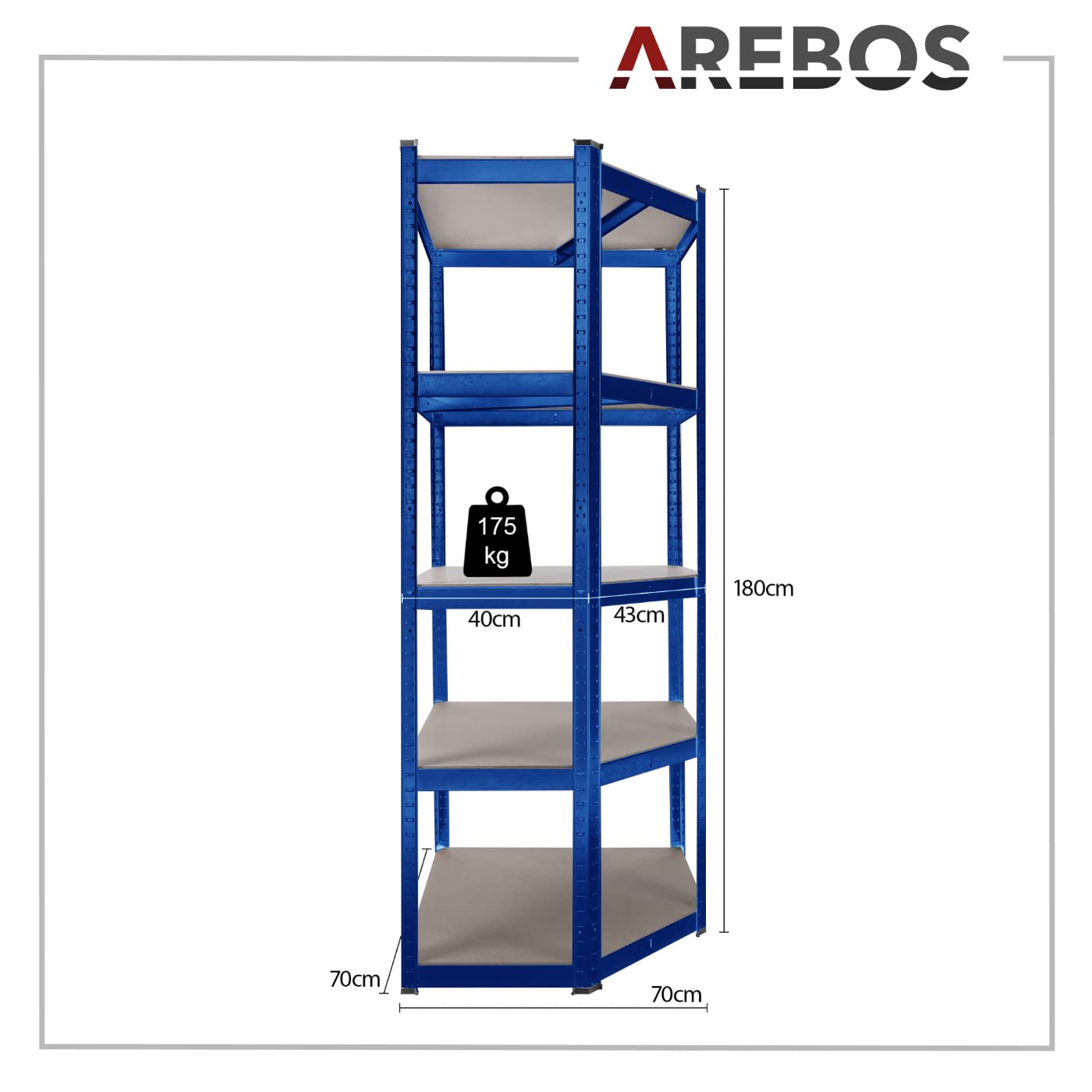 AREBOS Scaffalatura angolare Scaffalatura per carichi pesanti senza viti 875kg | Facile da montare grazie al sistema a innesto | 180 x 70 x 70 cm | 5 ripiani in MDF | fino a 175 kg per ripiano | blu