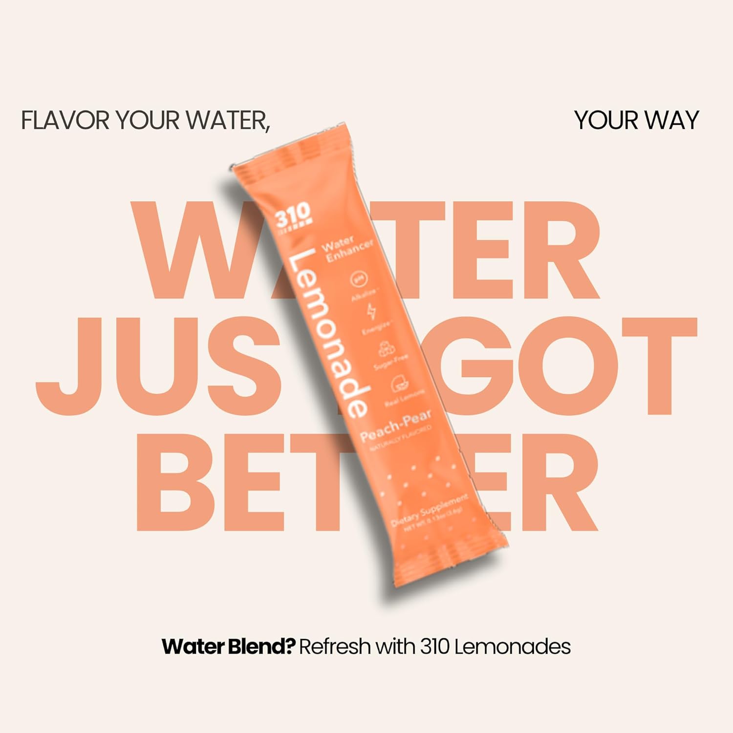 310 Nutrition Electrolyte Lemonade Powder, Sugar-Free Hydration & Energy Drink Mix, Low-Calorie Water Flavoring Packets - Peach Pear Flavor - 30 Single Serve Sticks