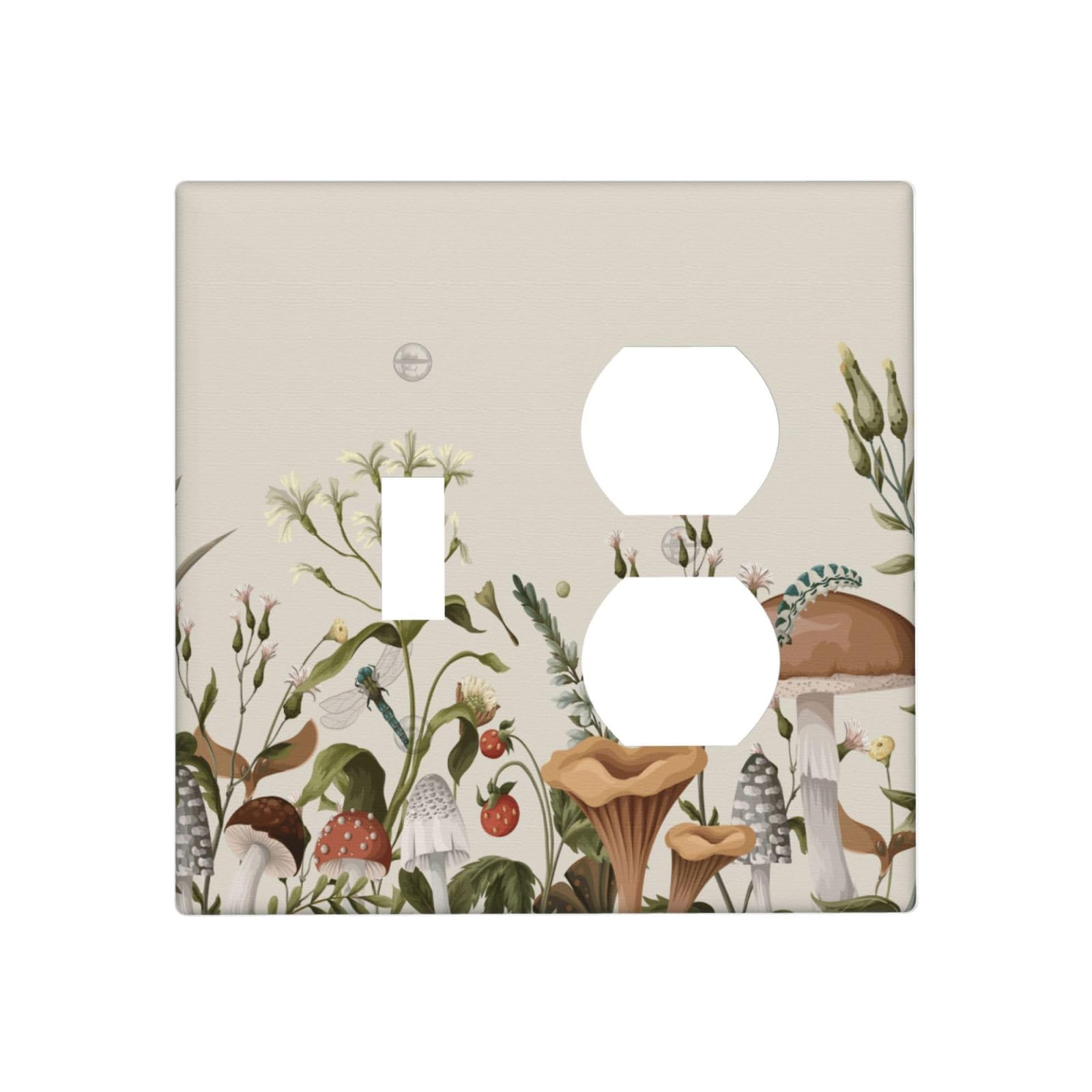 Decorative Combination Light Switch Cover 2-Gang 1-Toggle/Duplex Cute Vintage Boho Mushrooms Rustic Floral Summer Fantasy Spring Flower Fairy Tale Forest Receptacle Combo Outlet Switch Face Wall Plate