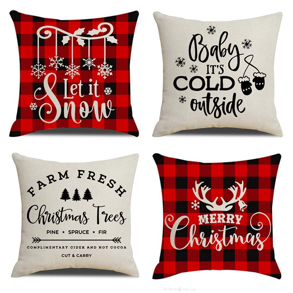 ELEtina Christmas Decorations Pillow Covers Red Black Buffalo Check Plaid Christmas Quotes Farmhouse Decor Cotton Linen Throw Pillow Case Cushion Cover 18" X 18" Xmas Gifts (Buffalo Plaid Xmas Quotes