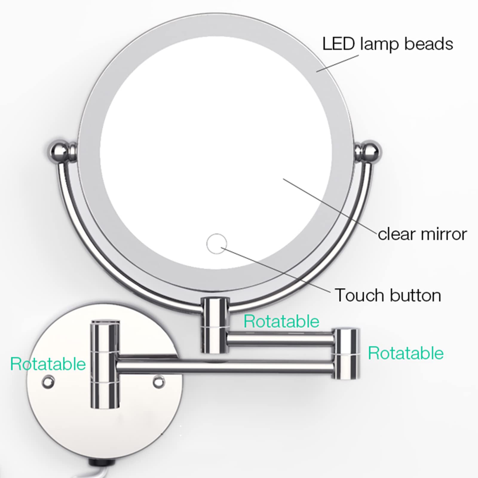 Espejo de maquillaje con luz LED, recargable, pantalla táctil, regulable, aumento 3X, diseño giratorio para baño y hotel