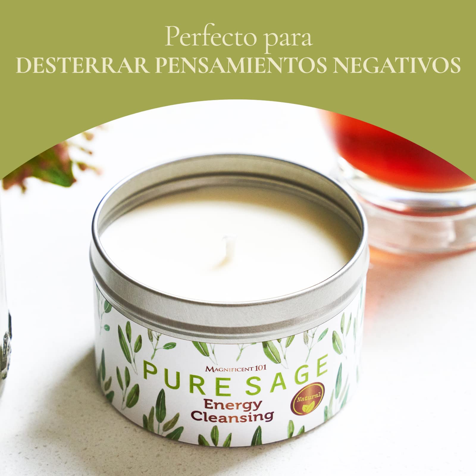 Magnífica Vela de Salvia Blanca Pura 101 de Larga duración, 6 onzas, Tiempo de combustión de 35 Horas, orgánica, Totalmente Natural, sin parafina, Calma, relaja, restaura el Cuerpo y la Mente.