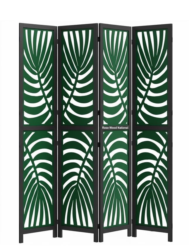 Image of Wooden Room Divider 6 Feet, 4-Panel Folding Wooden Partition for Living Room, Office, Pooja Room, Restaurant, Kitchen & Balcony (2W x 1.82H Meters). (Green-Black)