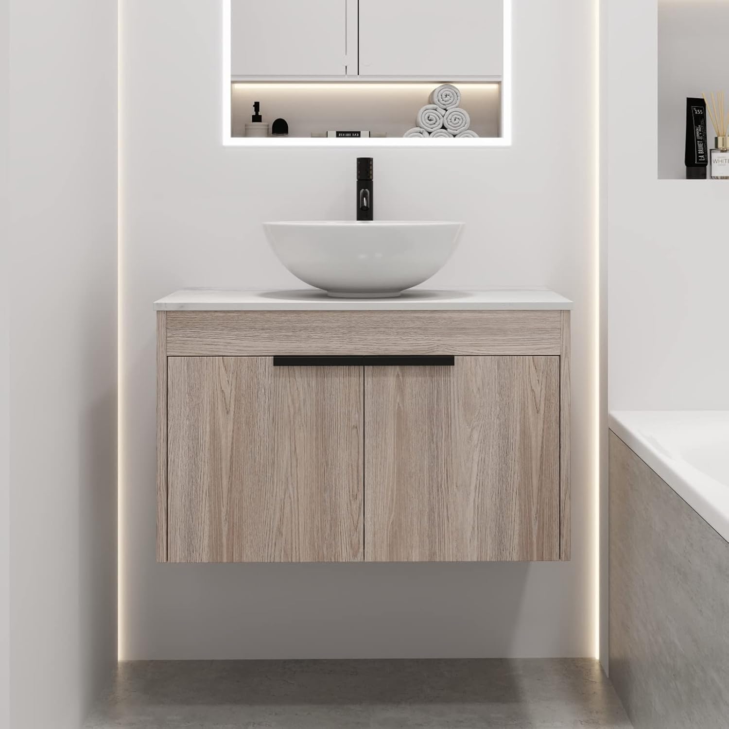 SSLine 30" Bathroom Vanity with Bowl Sink Wall Mount Small Bathroom Vanity Cabinet with Marble Top & above Counter Ceramic Vessel Sink White Oak Wooden Bathroom Vanity and Basin Combo for Small Space