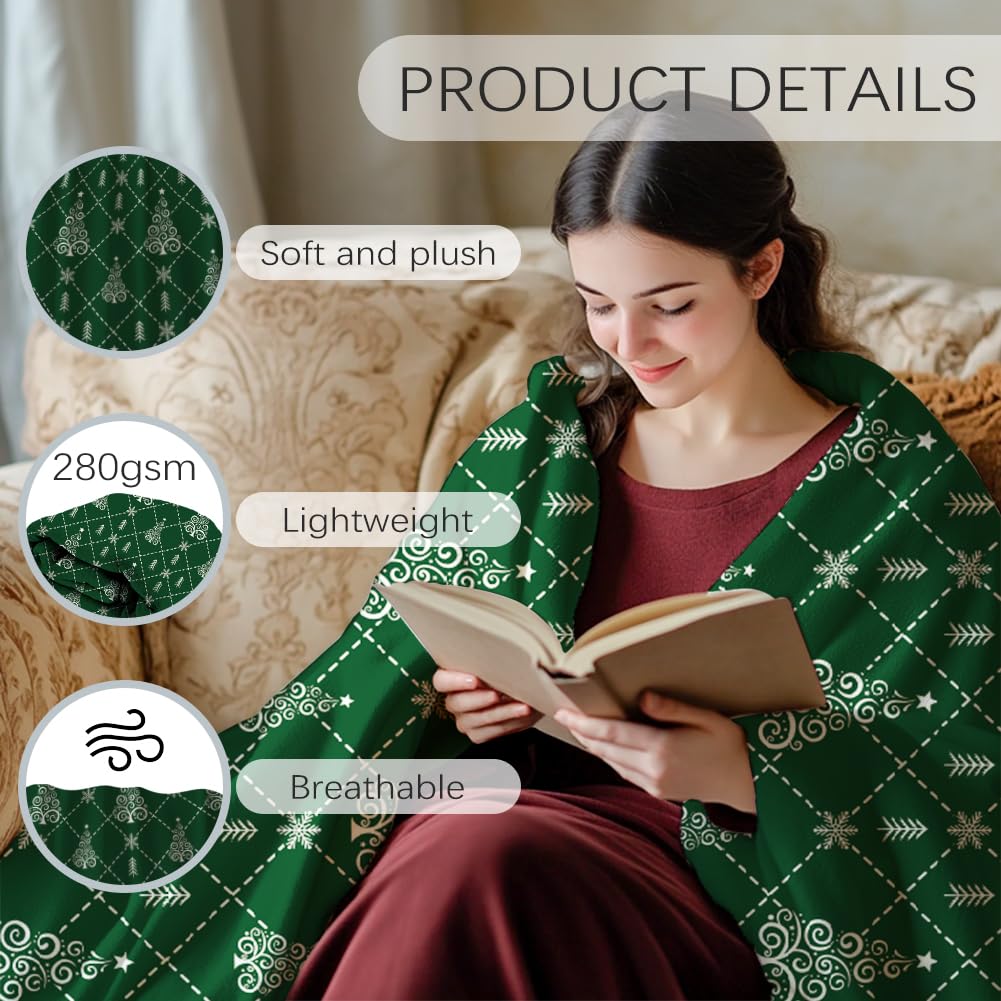 GLOBLELAND Christmas Tree Throw 59x51 inch Snowflakes Cozy Flannel Blanket Green Washable Fuzzy Throw Blanket for Couch Chair Sofa Bed Dorm Bedroom Home Women Man - Image 3