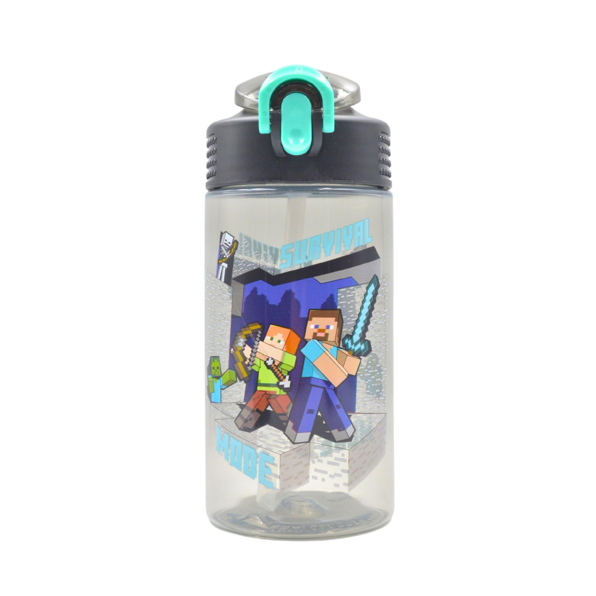 HOX Minecraft Reusable BPA free Kids Palouse Water Bottle with built in Carry Loop, Flip Up Spout and removeable straw - 600ml