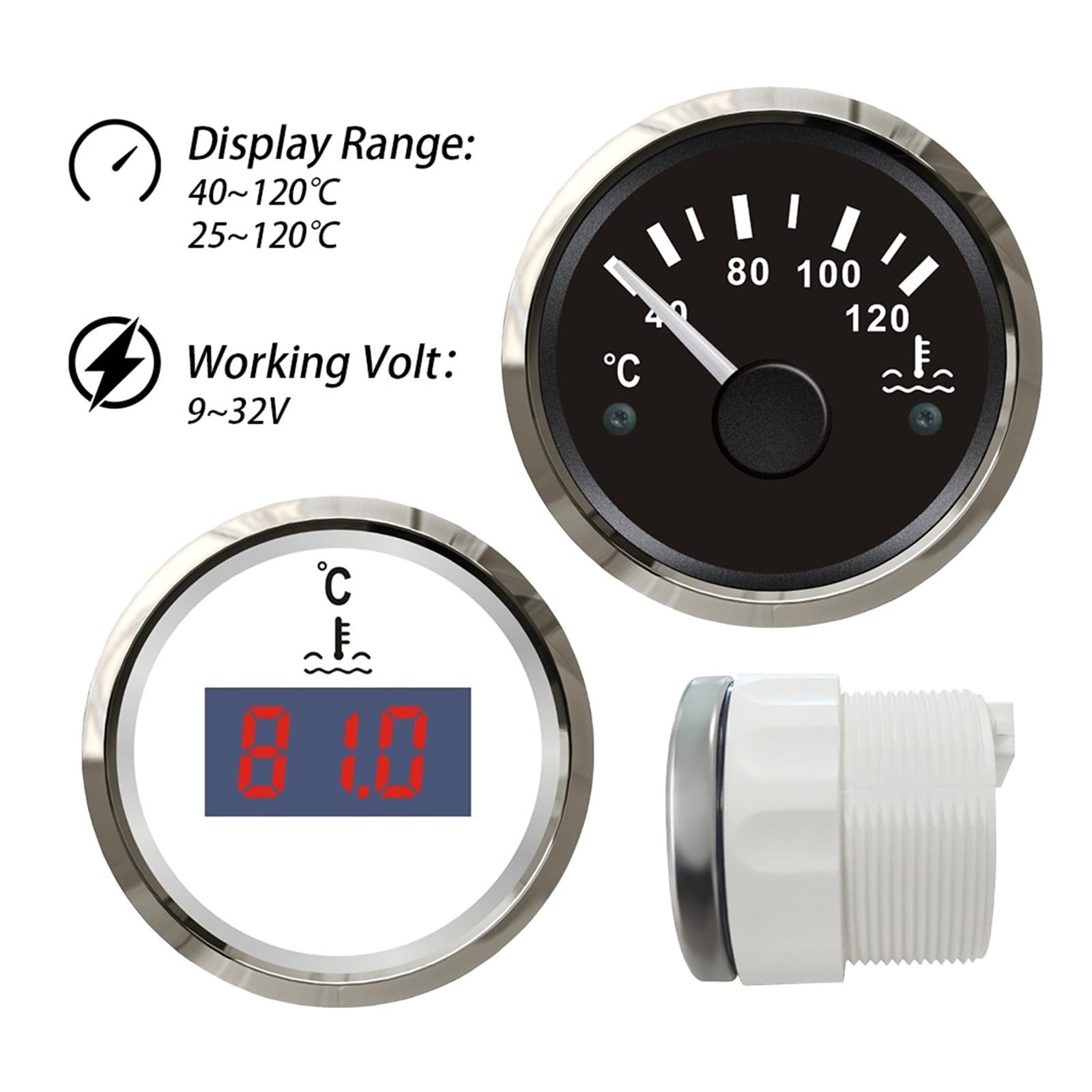 52mm wskaźnik temperatury wody wskaźnik miernika, 40-120 stopni/25-120 stopni 12V 24 wolty dla łodzi samochodowych jachty wodoodporne Wysoka widoczność(BS)