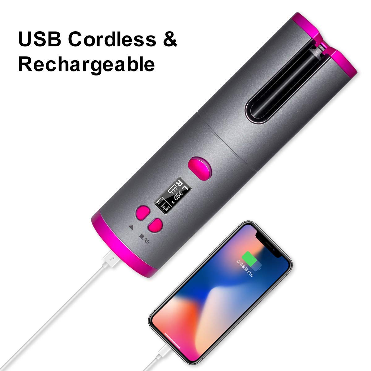 EMEBAY Fer à Friser Automatique Sans Fil, Boucleur à Cheveux Batterie Rechargeable 4000mAh, Bigoudi Anti-Brûlures avec Minuterie, Fer à Boucler Portable 6 Température Cheveux Longs et Courts