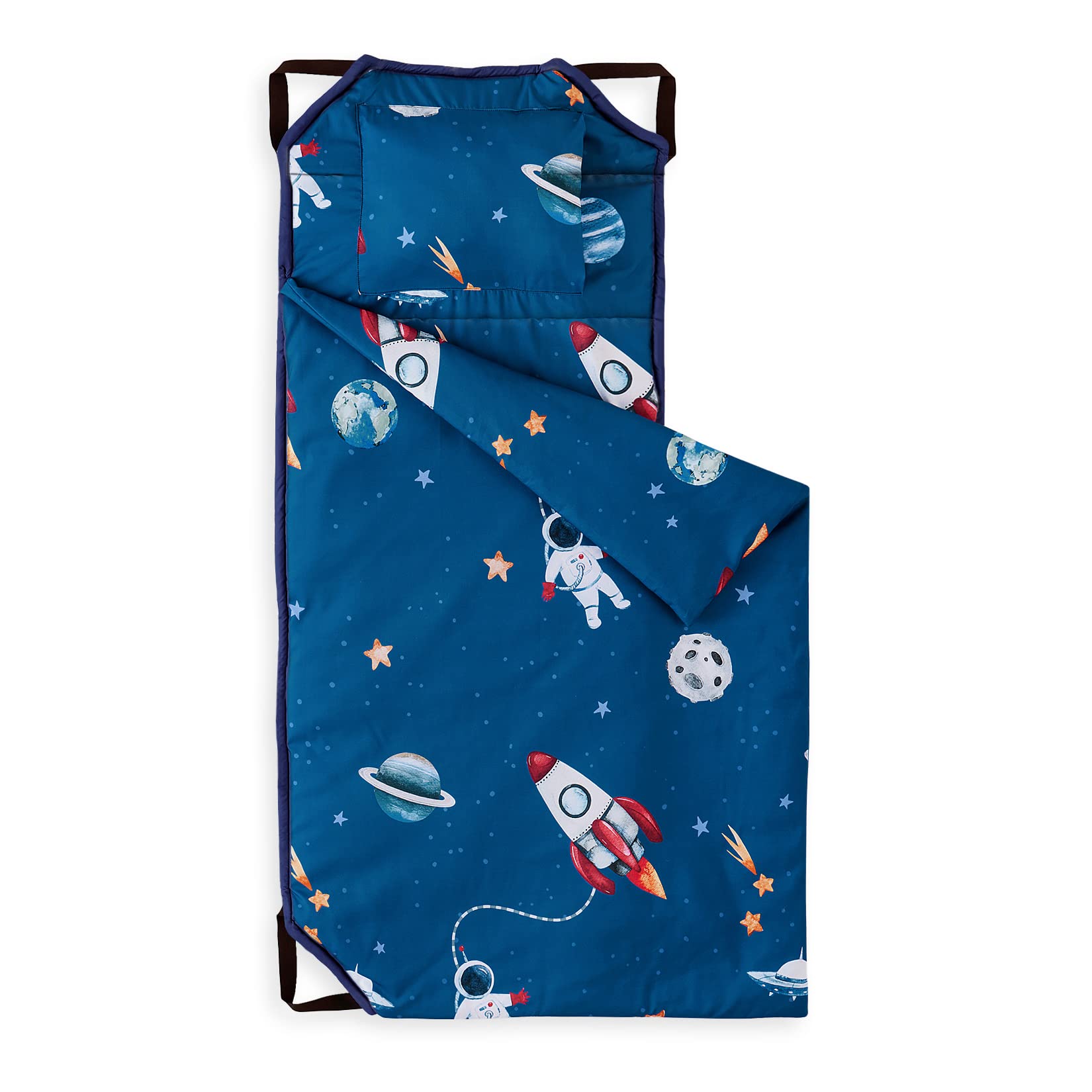 Wake In Cloud - Cot Nap Mat with Pillow and Blanket, for Toddler Kids Boys Girls in Daycare Kindergarten Preschool Pre K with Elastic Corner Straps, Spaces Stars Planet Galaxy, Blue White Red