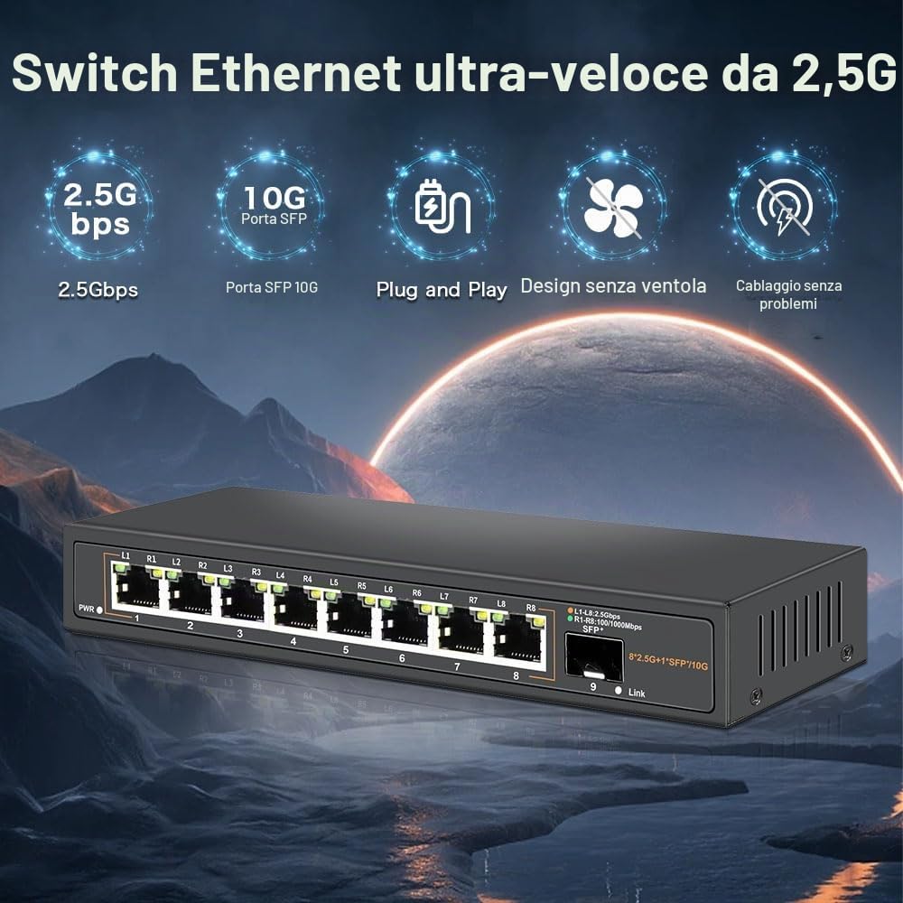 Switch Ethernet non gestito Davuaz 2.5G con 8 porte 2.5G Base-T e 1 porta Uplink 10G SFP, compatibile con 100/1000/2500Mbps, design senza ventole, Plug & Play, switch di rete 2.5Gb in metallo