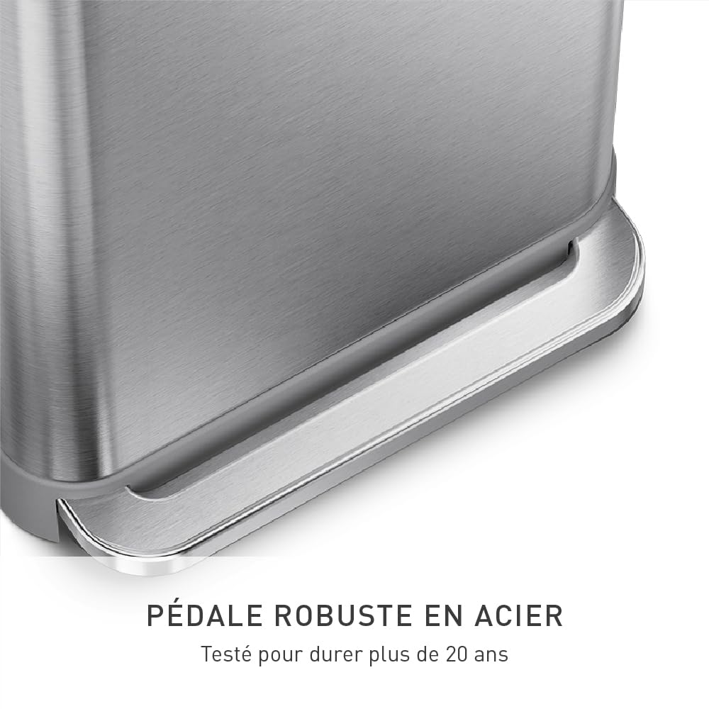 simplehuman poubelle rectangulaire à pédale, avec réserve à sacs, acier inoxydable brossé avec couvercle en plastique gris, 45 litres