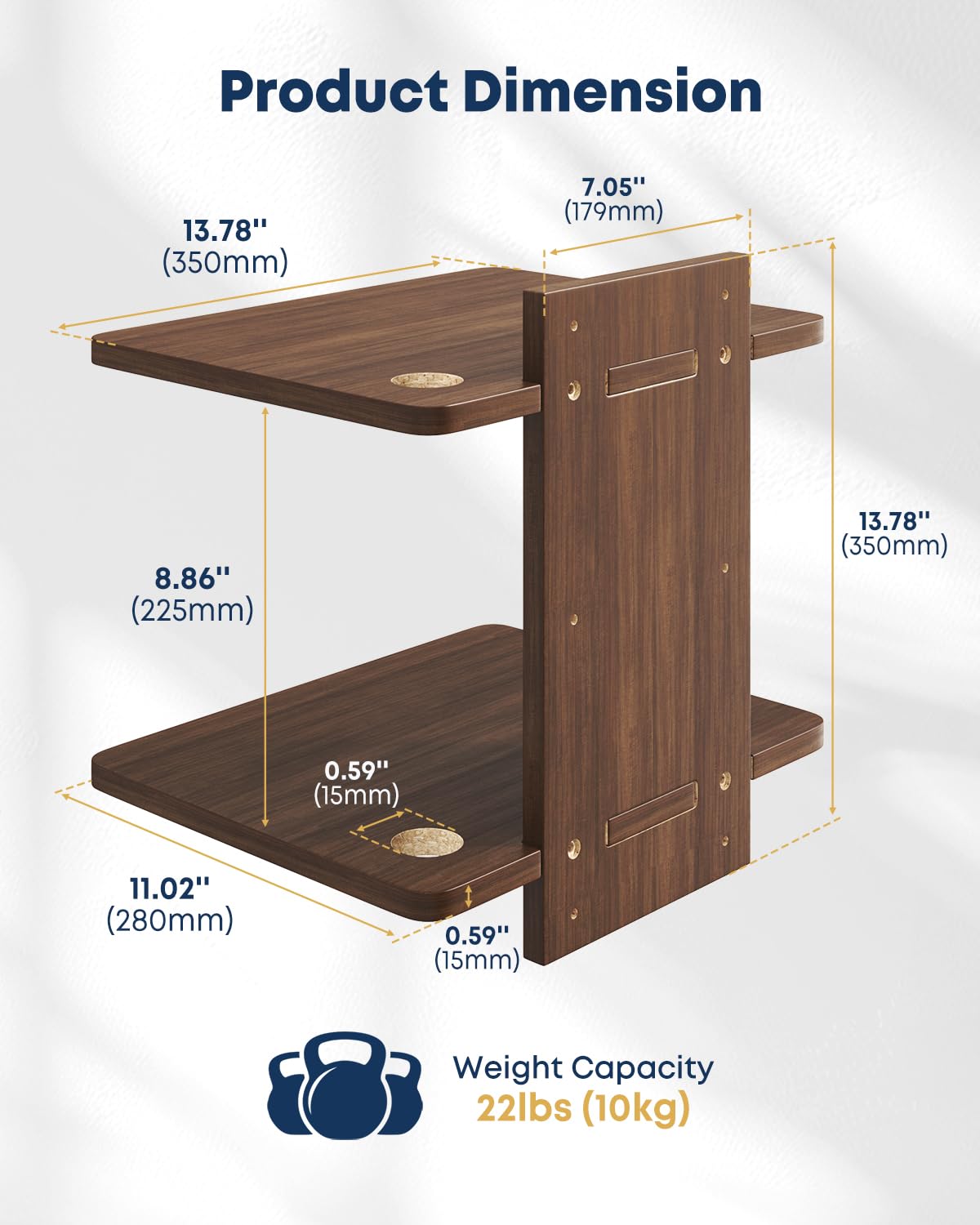 Mensola murale flottante 2 livelli per proiettore, Noce Brun | Legno massello, gestione cavi, 10 kg per mensola, versatile, facile montaggio a muro