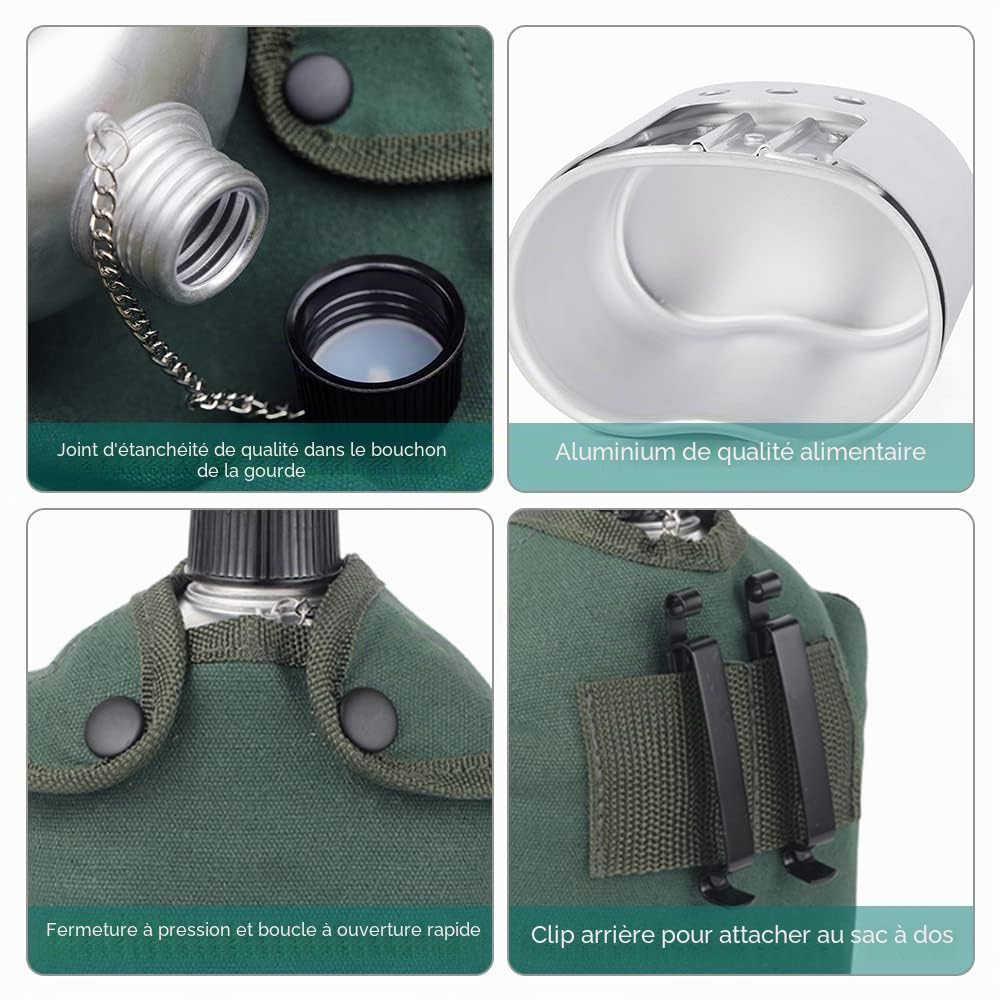 Lixada Gourde Kit de Cantine Militaire, 3pcs Batterie de Cuisine en Aluminium Mmilitaire Cantine Coupe Poêle à Bois Ensemble avec Housse pour Le Camping Randonnée Sac à Dos