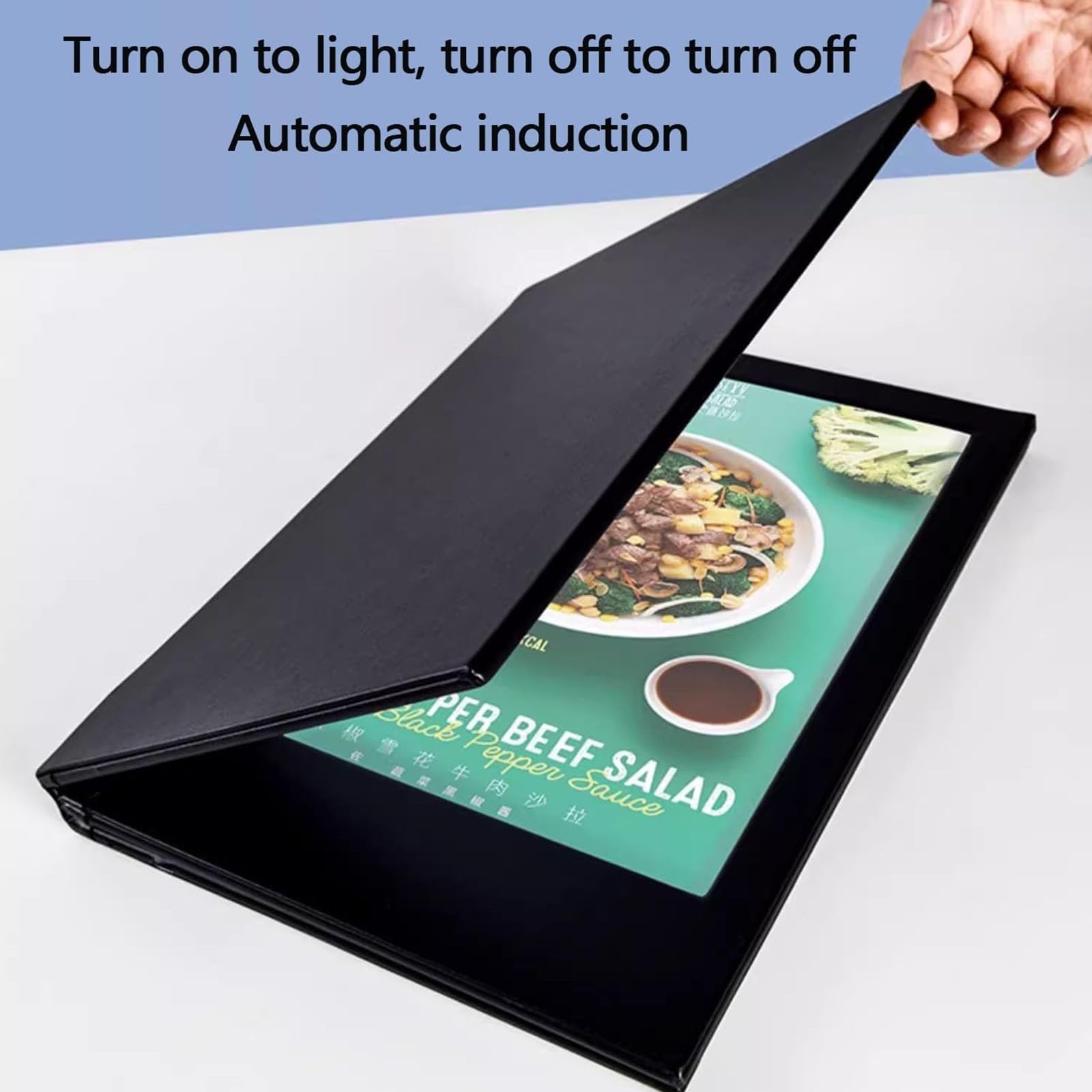 Cubierta de menú iluminada LED, soporte de menú retroiluminado recargable, carpeta de menú de doble página con ribete de cuero para restaurante, bar, cafetería y hotel