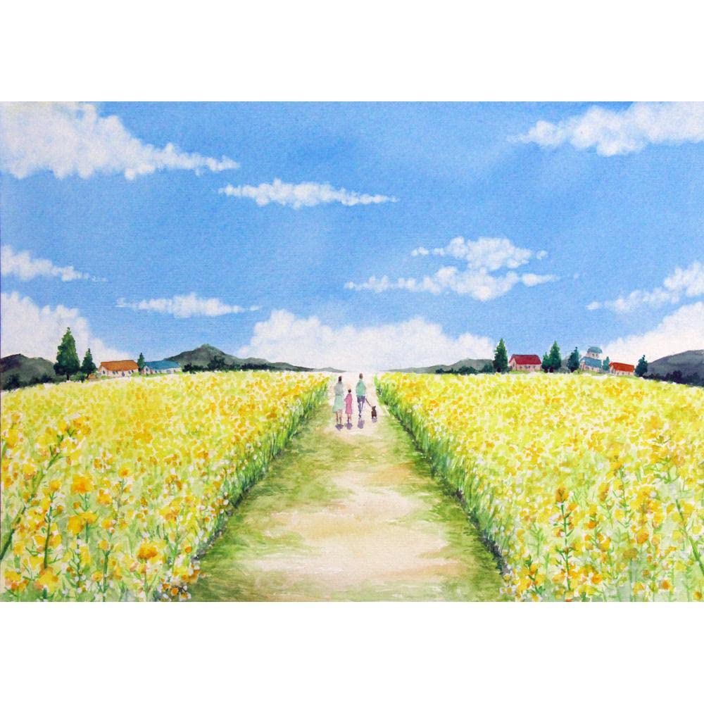 Amazon | （原画）青空と菜の花畑 水彩画 絵画 インテリアに | 筆 