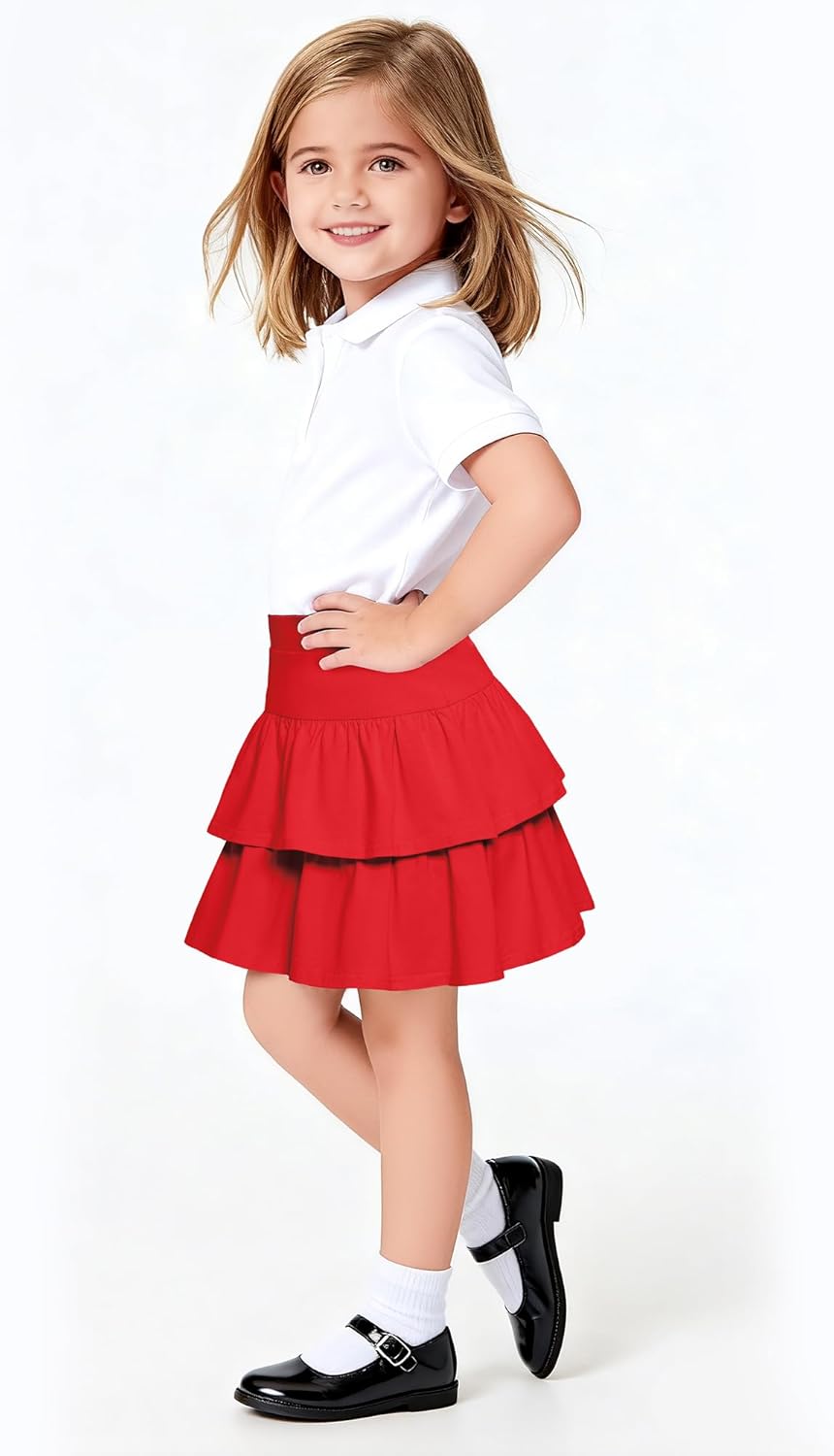 Little Girls Skirts Casual Ruffles Skirt School Uniform Skorts with Pockets for 4-11 Years - Image 2