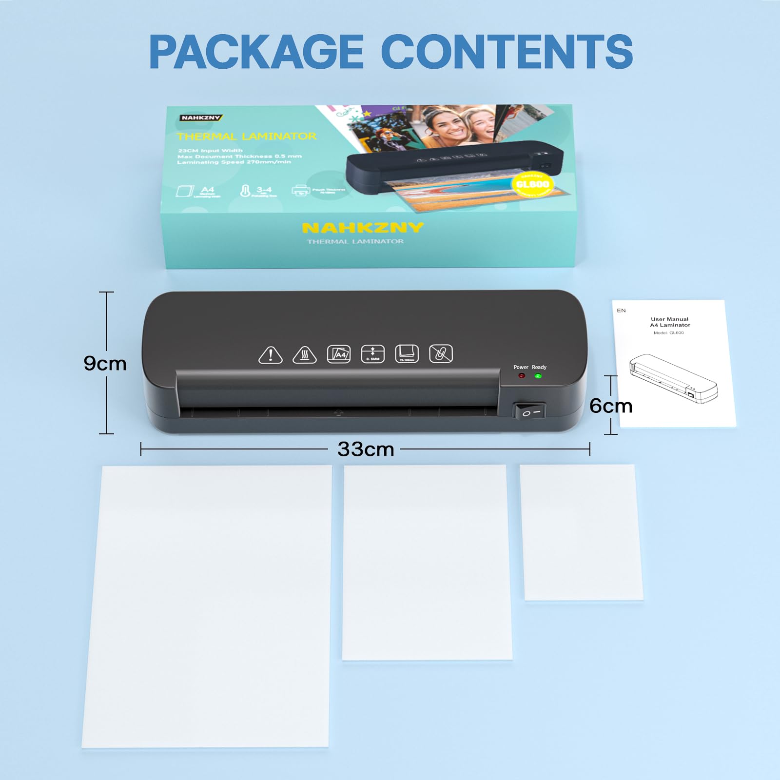 Laminator A4 Termiczna Maszyna do Laminowania na Gorąco z 15 Foliami Laminacyjnymi 70–100 Mikronów do Dokumentów A4 A5 A6, Zdjęć, Biura, Domu, Szkoły, Restauracji, Czarny