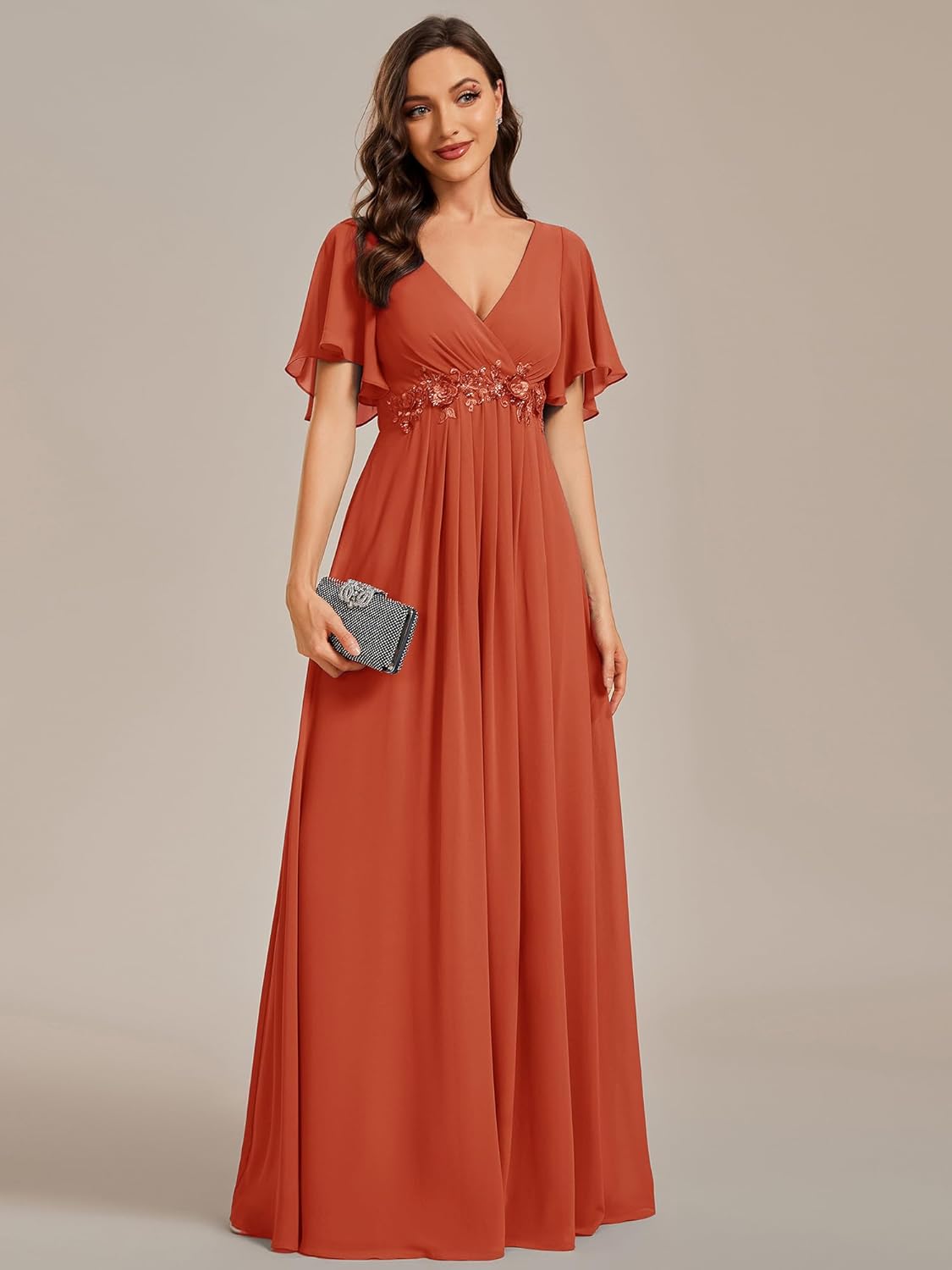 Ever-Pretty Women's Chiffon V-Neck Mother of Bride Dresses A-Line Ruched Short Sleeves Appliques Bridesmaid Dress Formal Gown - Image 5