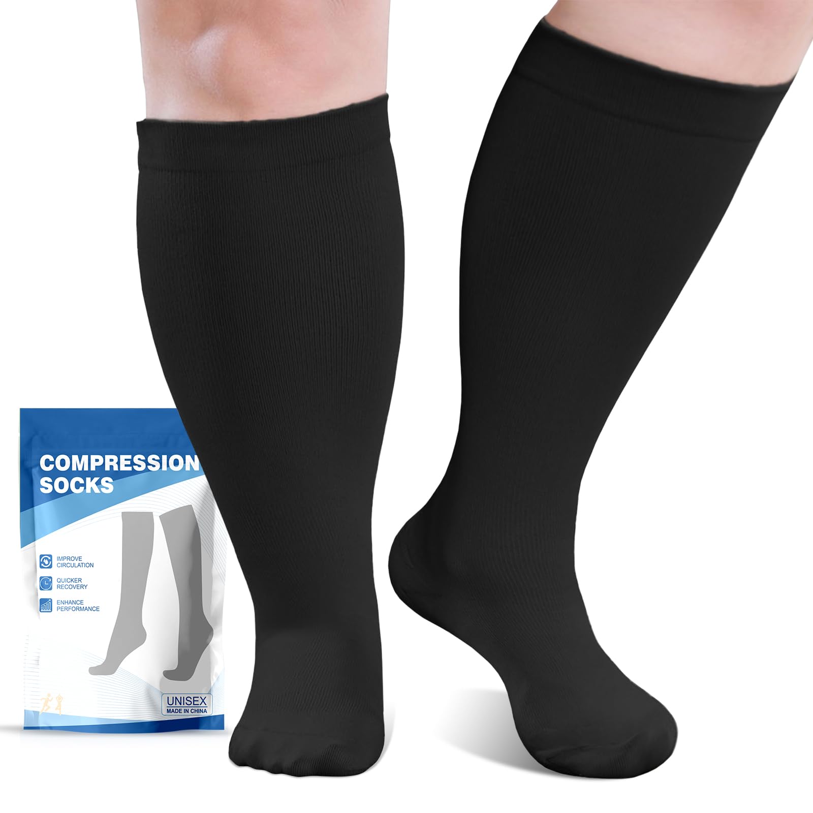 AMITOFO Plus Size Compression Socks Wide Calf for Women Men, 20-30mmHg Medical Grade Support for Circulation, Edema, Varicose Veinss Suitable for Nursing, Travel, Running(1Pair,XL-7XL)