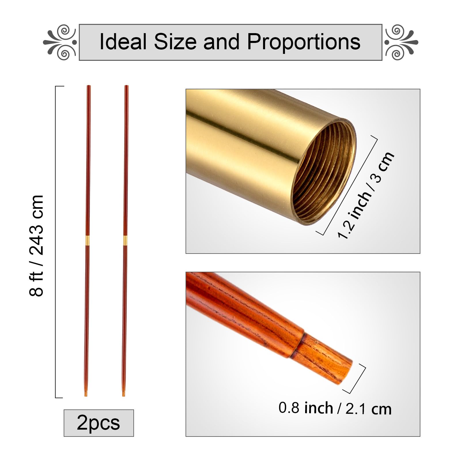 Landical 2 Pcs Indoor or Parade Flagpole Solid Wooden Flag Pole Brass Screw Joint Indoor Flag Pole, Brown and Gold (8 ft)