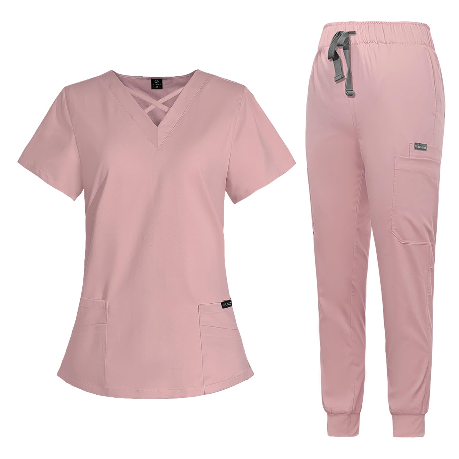 Scrubs for Women Set Modern V-Neck Top & 8 Pocket Jogger Pants Athletic Nursing Uniform Solid Stretch Workwear
