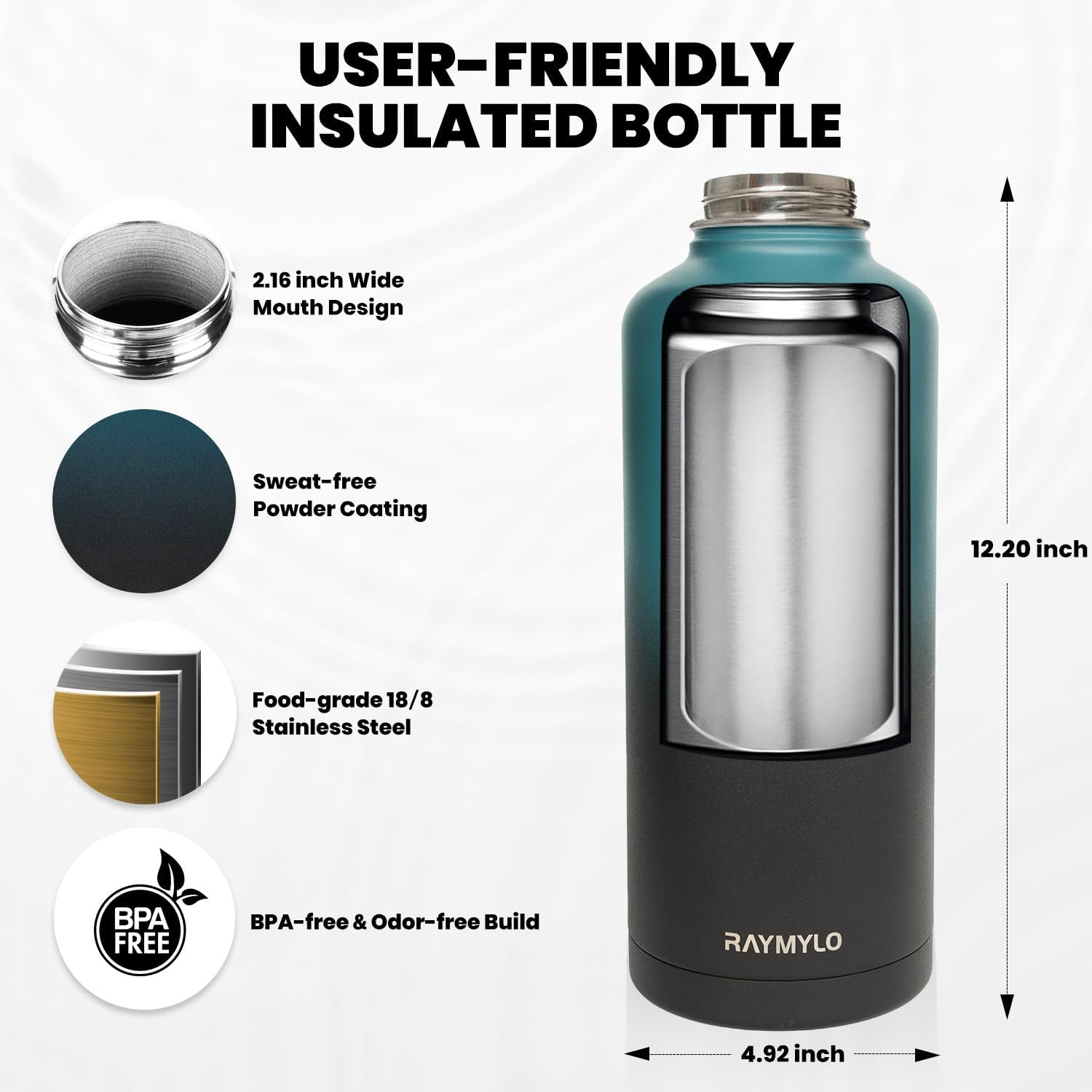 Insulated Water Bottle 87 oz, Triple Wall Vacuum Stainless Steel (Cold for 48 Hrs), Leak Proof & Non-BPA, Modern Water Flask Jug with Paracord Handle & Straw Spout Lids, Indigo/Black - Image 5