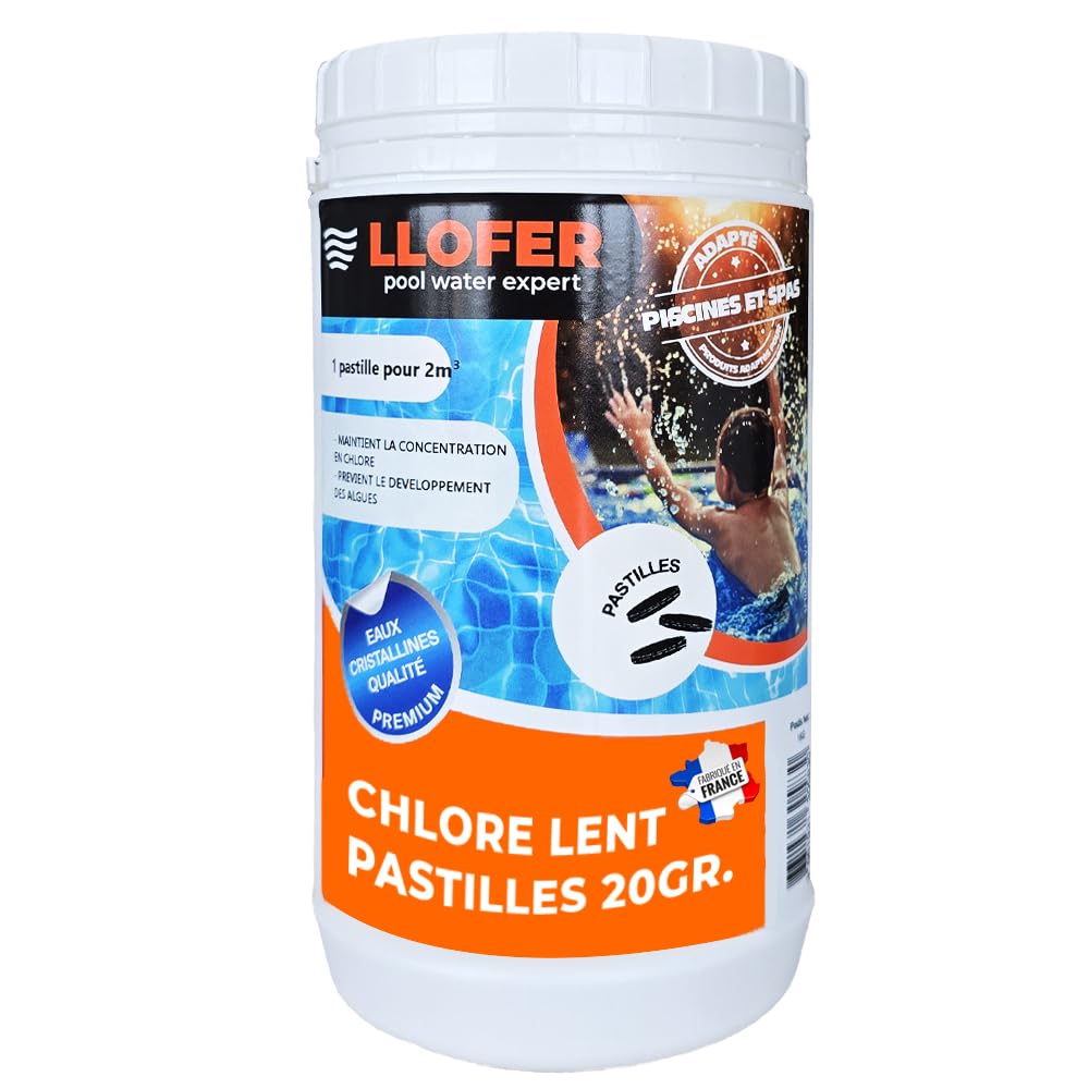 Chlore Lent Pastilles 20g Piscine et Spa, 90% Actif – Boite 1kg Désinfection Durable – Eau Claire et Saine,Chlore Permanent