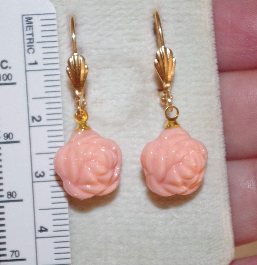 VINTAGE 14K GF ANGEL SKIN PINK ROSE MOLDED 14MM CORAL LEVERBACK EARRINGS D