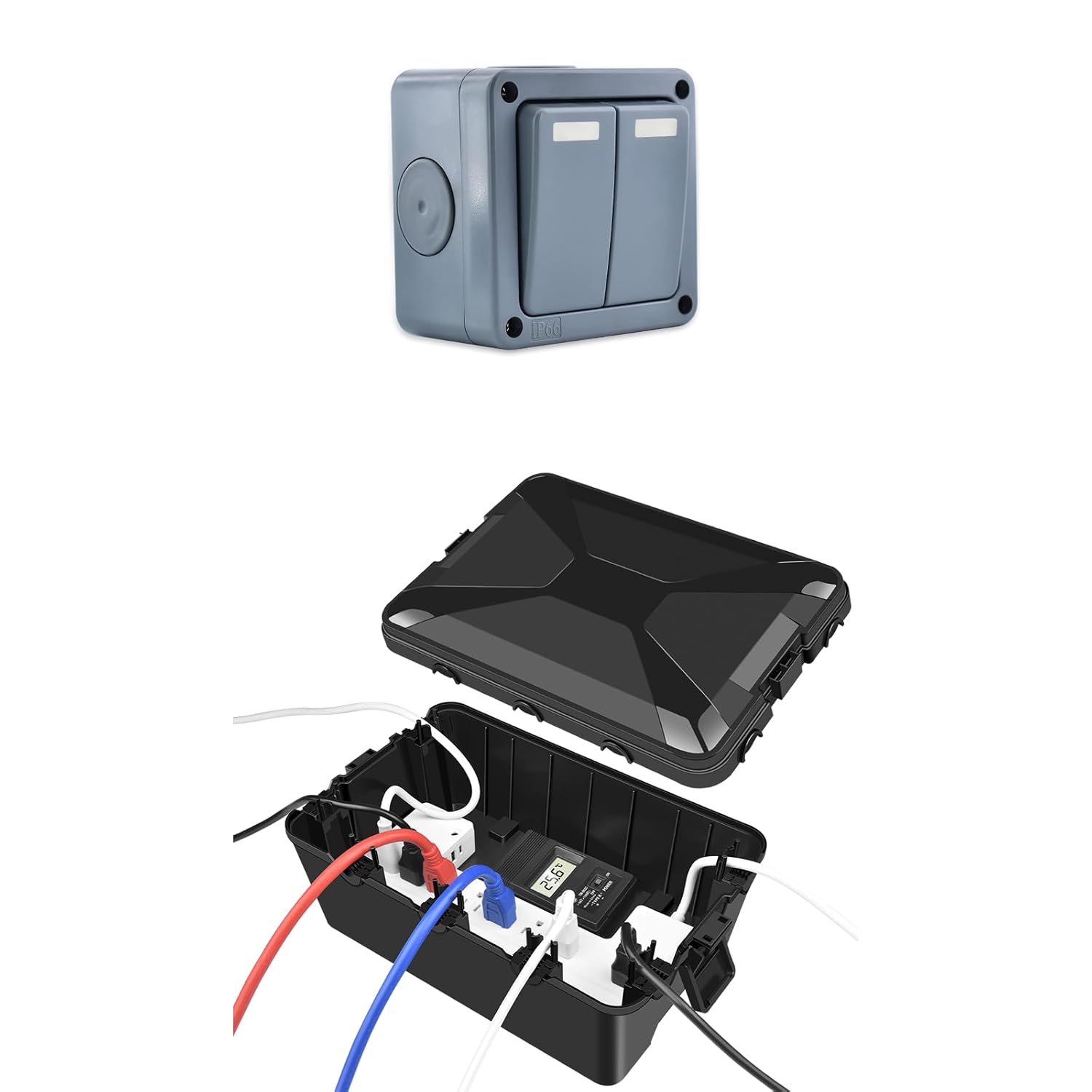 NineLeaf 2-Gang IP66 Waterproof Outdoor Switch & Large IP54 Electrical Box Bundle, Weatherproof Dual Light Switch & Extension Cord Cover for Garden, Workshop, and Holiday Lighting
