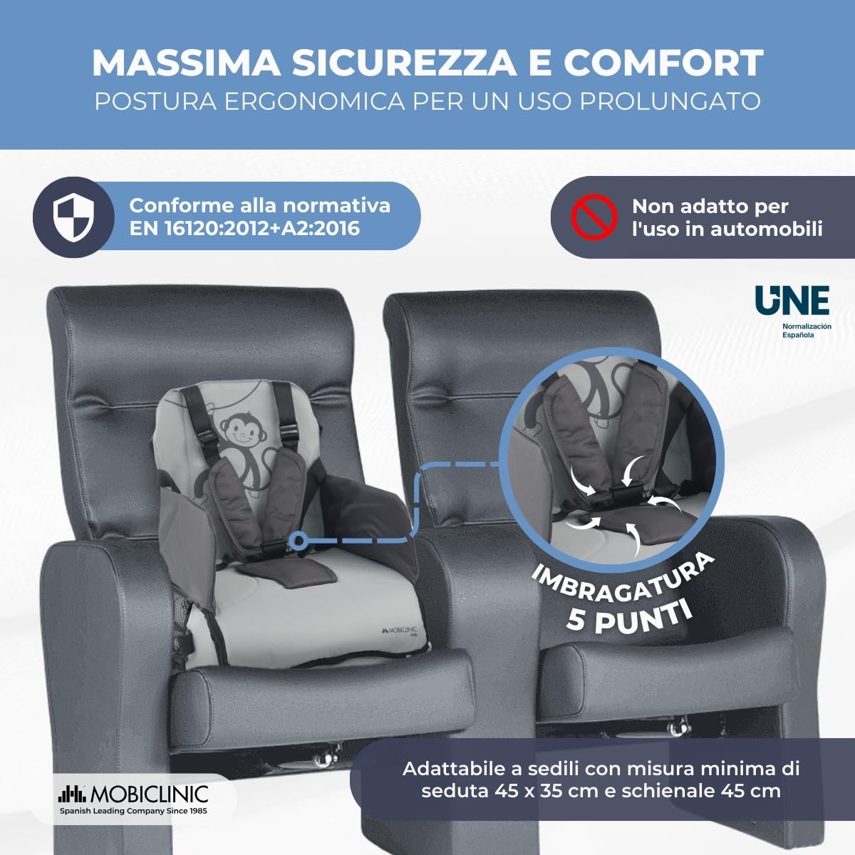 Mobiclinic Seggiolino Portatile Bambini Pieghevole Monkey 6-36 Mesi 15kg Grigio
