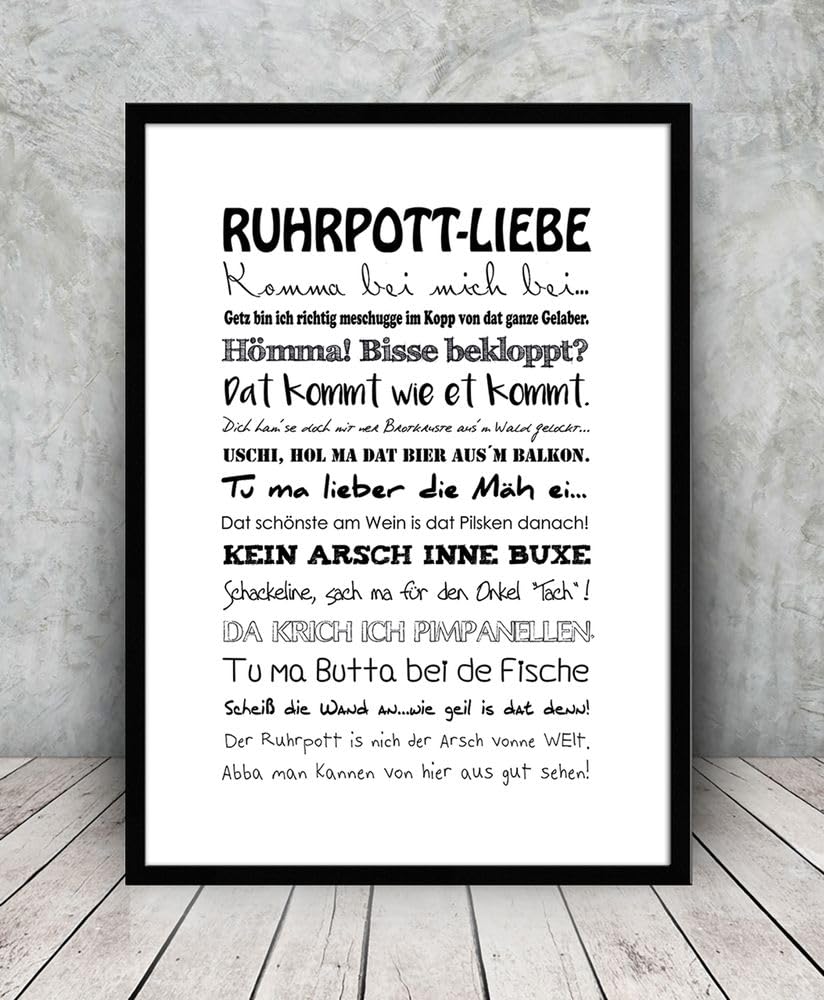 artissimo gerahmtes Poster mit Spruch 50x70 cm Ruhrpott Liebe PE6037-ER – Bild mit Rahmen, skandinavisches Sprüchebild, Typografie Wandbild, Kunstdruck Hochformat, Ruhrgebiet schwarz weiß