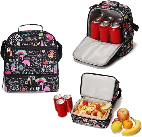 Miniatura 19 de Tilami - Bolsas de almuerzo con correa ajustable y cremallera aisladas, bolsas refrigerantes resistentes al agua, bolsas bento para niños y niñas