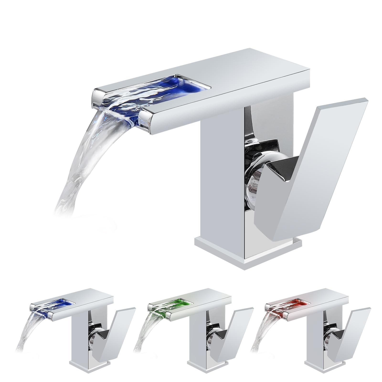 Bateria mieszakowa z 3 diodami LED, bateria jednouchwytowa, bateria łazienkowa, bateria umywalkowa, wodospad, armatura łazienkowa, zimna i ciepła woda, chromowana