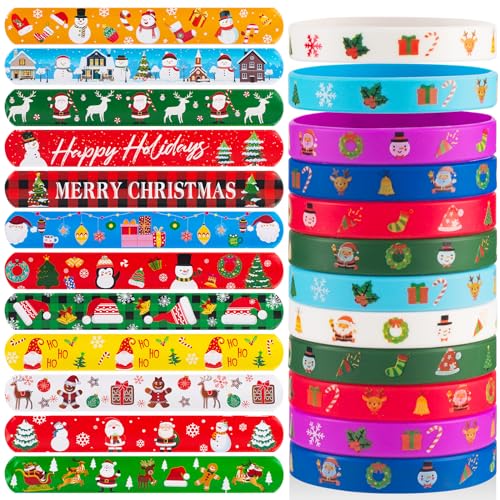 48 PCS Christmas Slap Bracelets and Rubber Bracelets for Kids Holiday Party Favors Bracelets Silicone Wristbands for Birthday Party Supplies Boys and Girls'Santa Gifts Xmas Stocking Stufers
